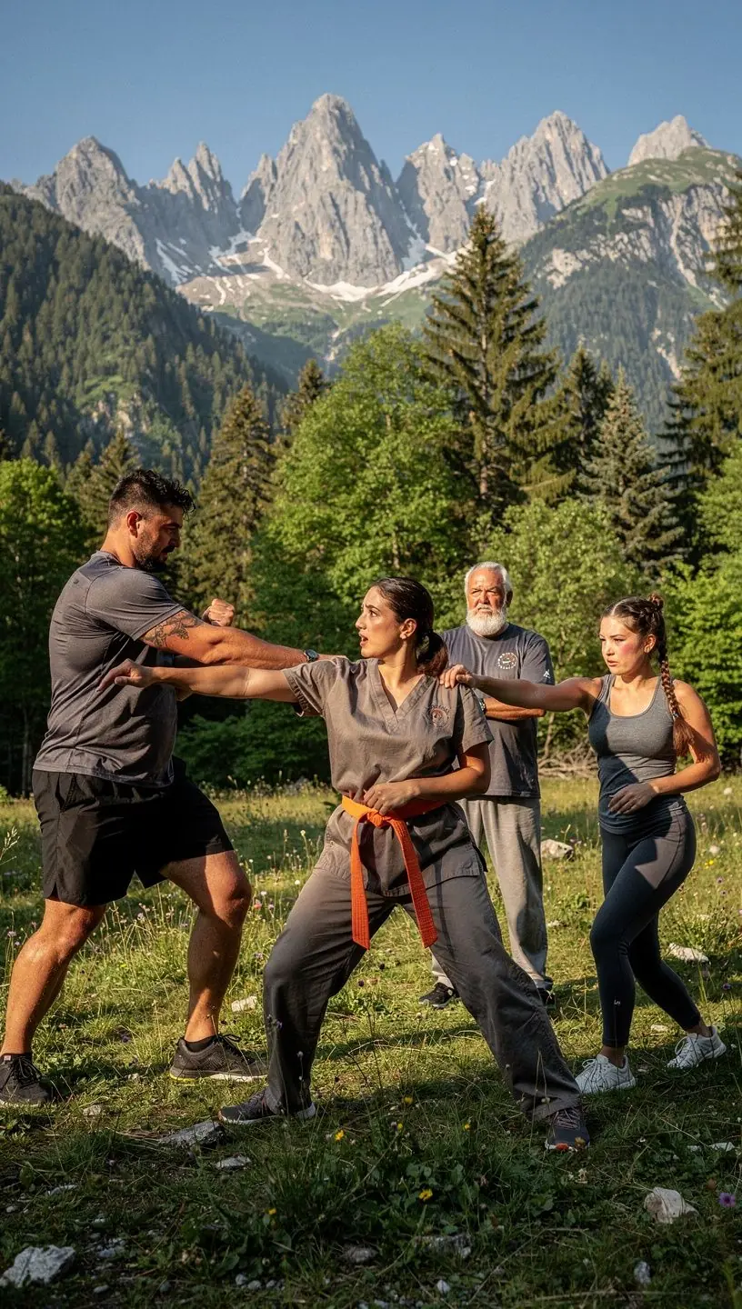 Ein Trainer erklärt den Teilnehmern die Grundtechniken von Taekwondo.