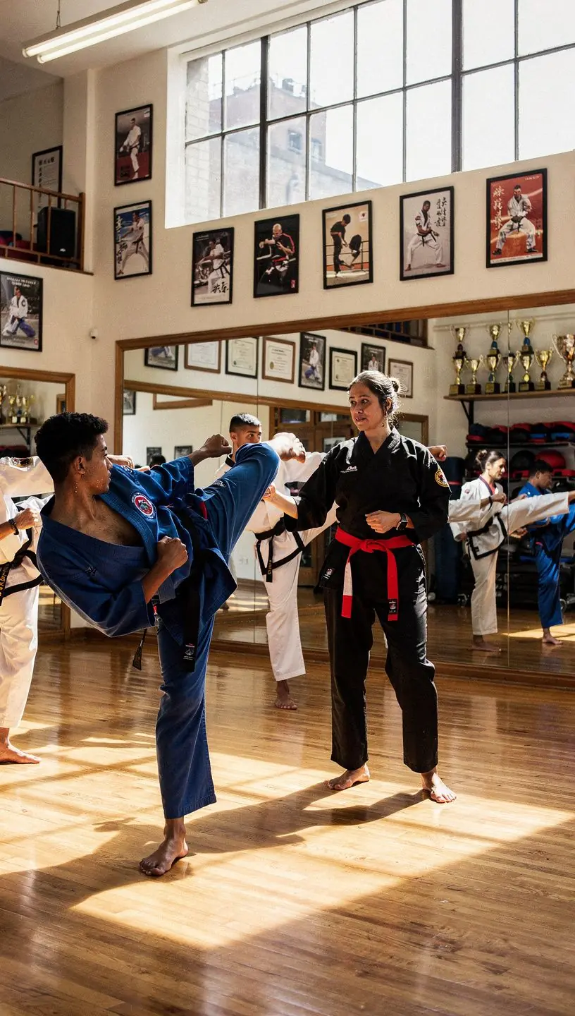 Eine Gruppe von Schülern übt gemeinsam Selbstverteidigungstechniken im Freien.