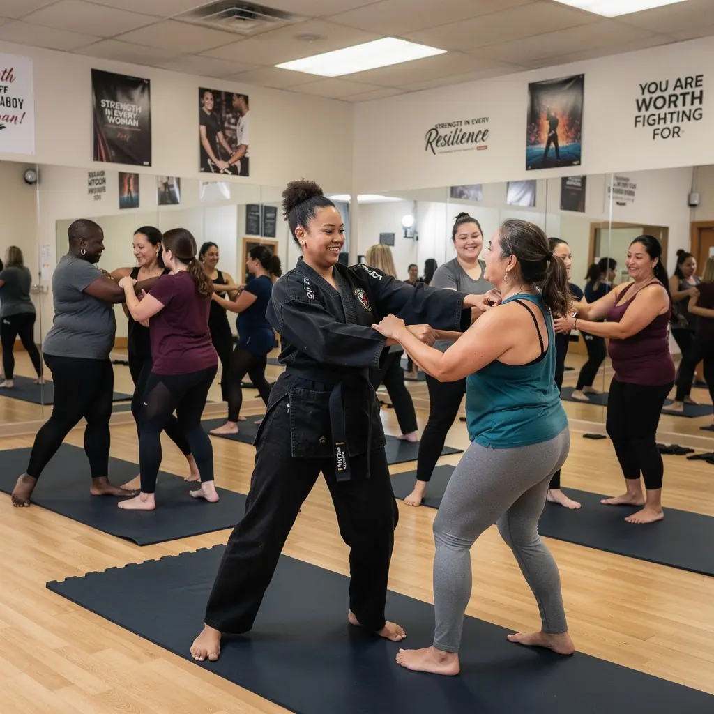 Eine Gruppe von Schülern trainiert gemeinsam Selbstverteidigungstechniken.