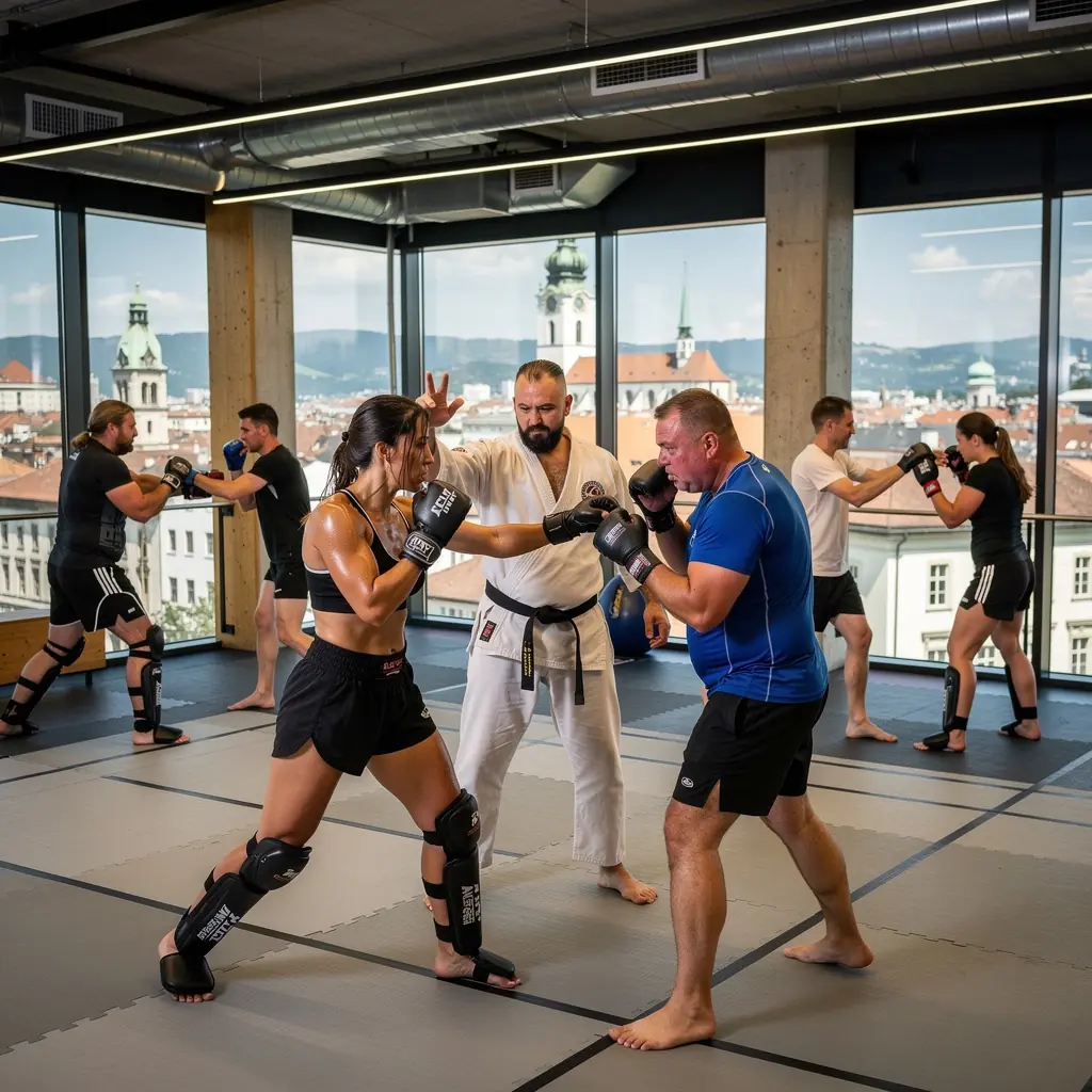 Ein Kämpfer in Karate-Uniform führt einen Kicksprung aus.